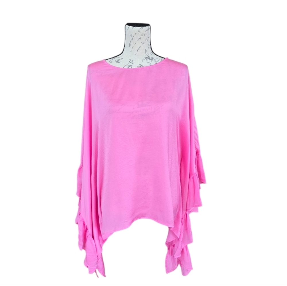 Umgee Pink Satin Oversized Ruffle Sleeve Top M